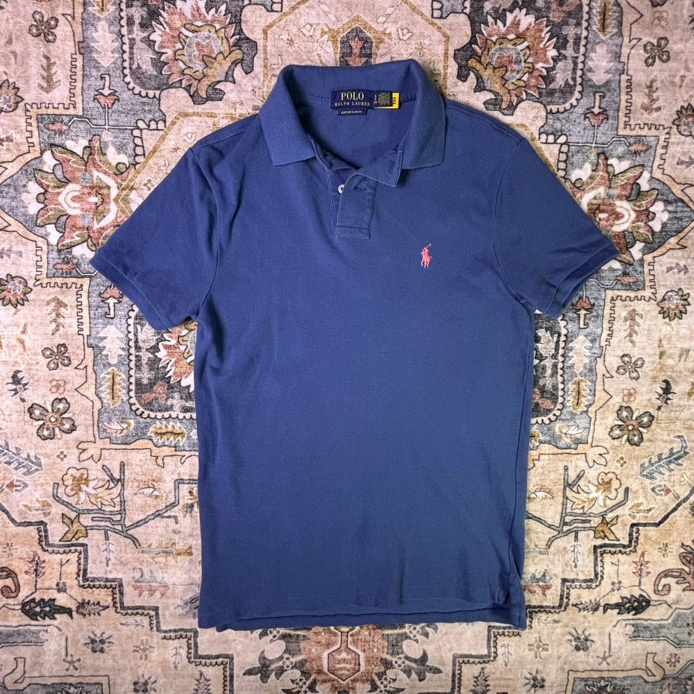 Polo Ralph Lauren Mens Custom Slim Fit Blue Polo Shirt Small Pink Pony Logo Y2K